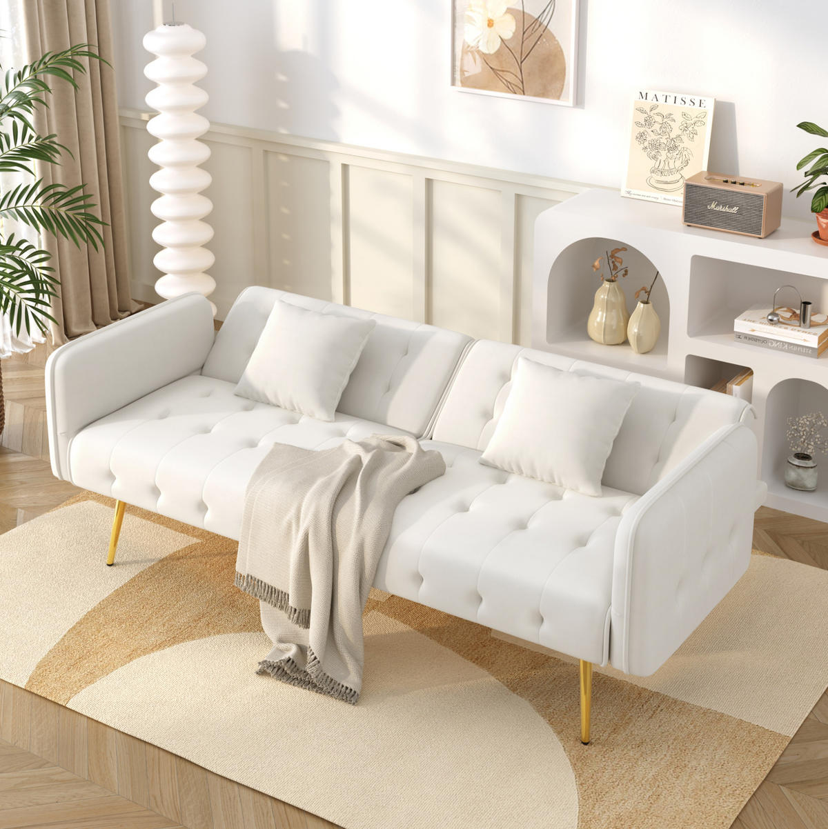 SOFABETT 2-in-1 215 x 81,5 cm Velours Ancient White - Weiß, Kunststoff (178/70/82cm) - Meubliv