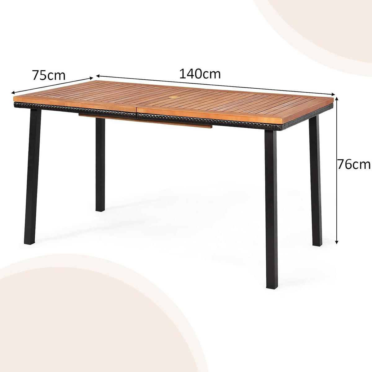 GARTENTISCH Esstisch mit Schirmloch Braun - Braun, Metall (140/75/76cm) - COSTWAY