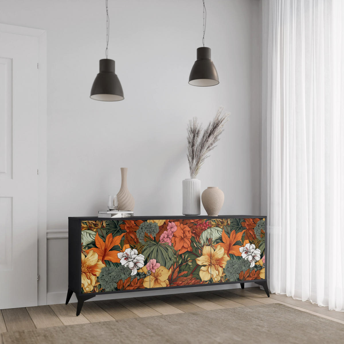 SIDEBOARD RADIANT FLORA, Eicheneffekt, 164,5x42x77,5 cm, 3 Türen - Eichefarben/Buchefarben, Holzwerkstoff/Buchenholz (164.5/77.5/42cm) - SpaceRebels