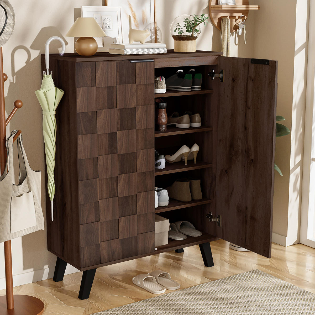 SCHUHSCHRANK 80cm 5 Fächer Holzmaserung verstellbar modern - Naturfarben, Holzwerkstoff (35.5/110/80cm) - FLIEKS