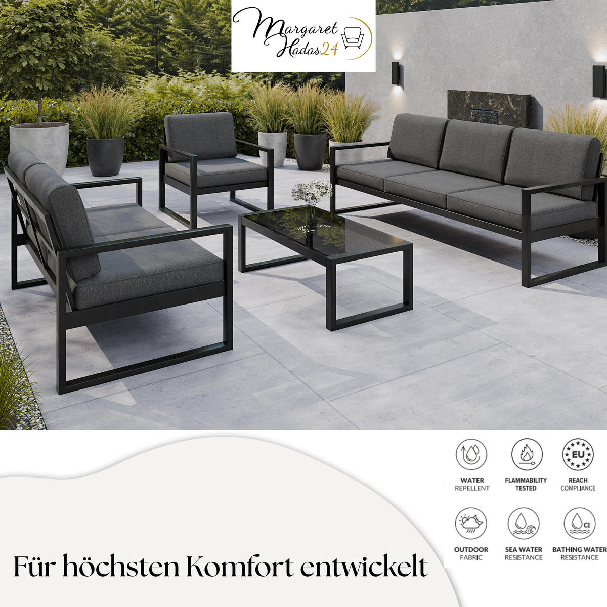 GARTENSOFA 3 Sitzer Madera 216x80cm, schwarz, dunkelgrau - Dunkelgrau/Schwarz, Kunststoff/Metall (216/86/80cm) - Margaret Hadas24