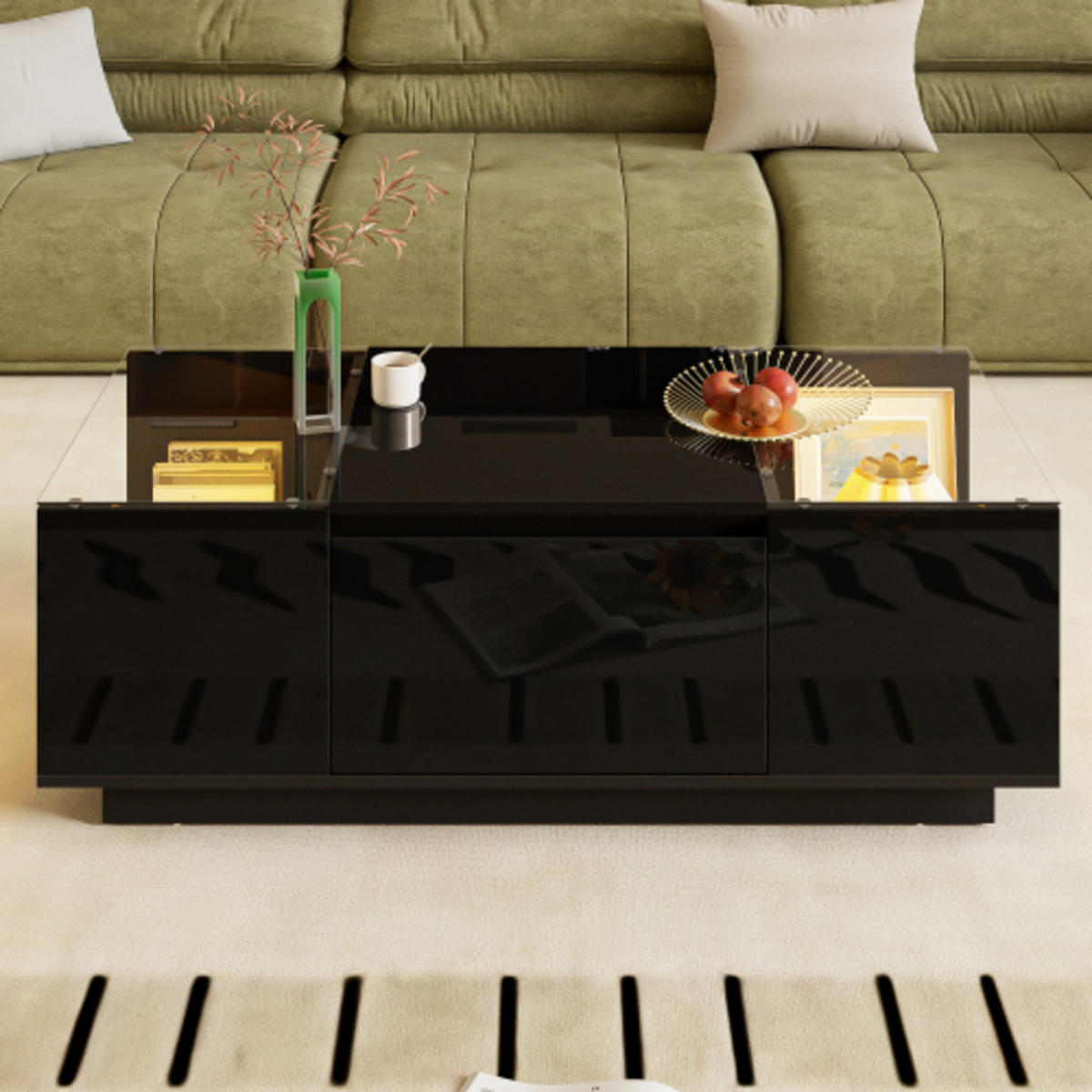 COUCHTISCH Schwarz aus Spanplatte mit Bluetooth LED-Licht und Glasverkleidung 105×50×35 cm - Schwarz, Holzwerkstoff (50/105/35cm) - Luhomfu