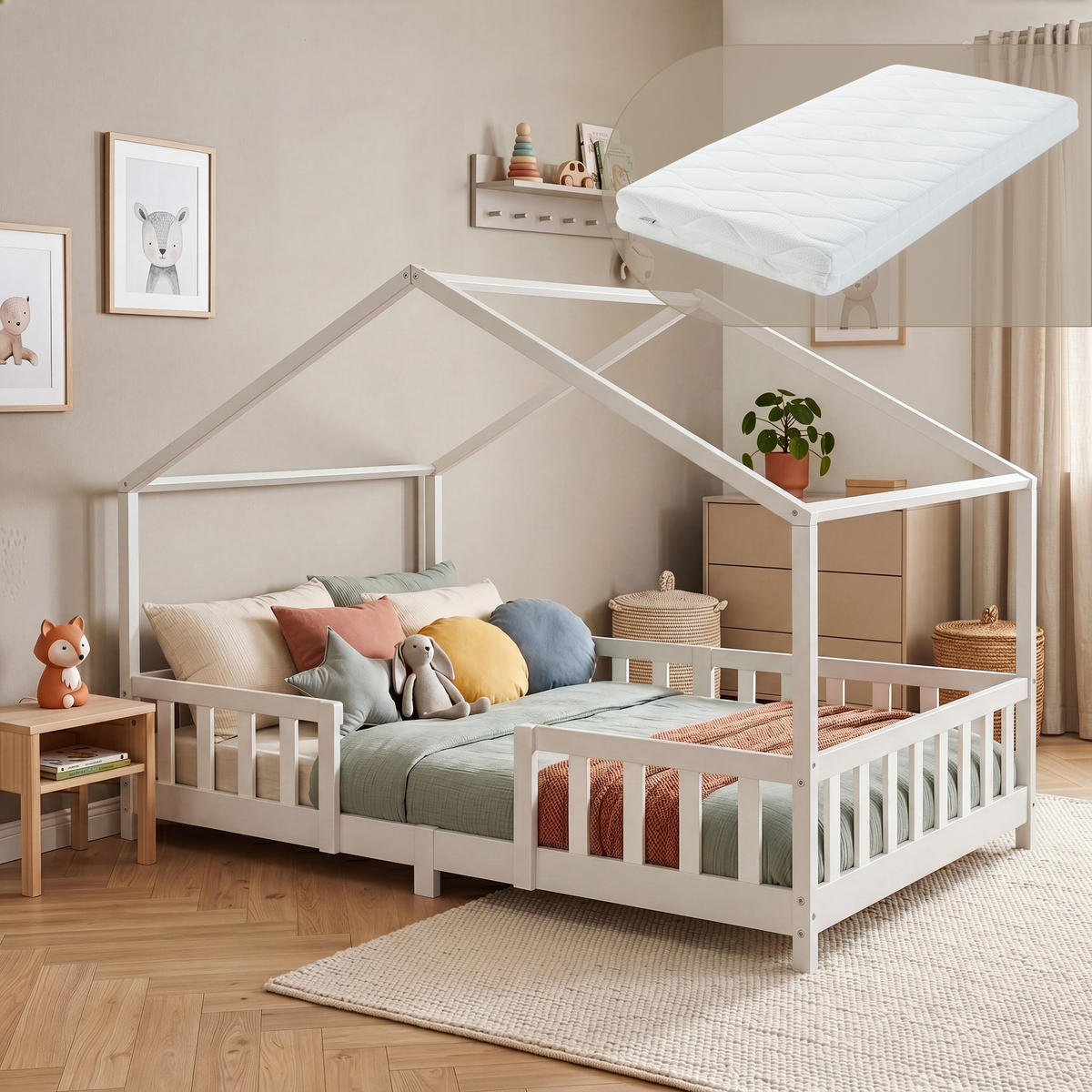 HAUSBETT Treviolo mit Matratze - Weiß, Holz/Textil (120/200cm) - [en.casa]