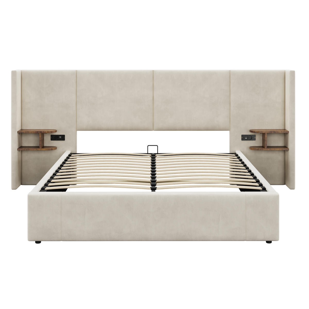 POLSTERBETT 160/200 cm Beige Samt mit hydraulischem Bettkasten und USB- und Type-C-Anschlüssen - Beige, Textil (160/200cm) - OKWISH