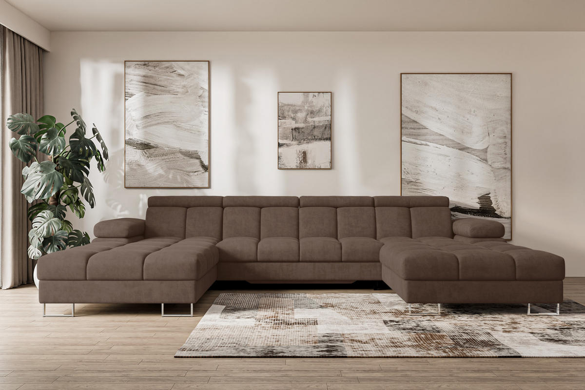 WOHNLANDSCHAFT mit Schlaffunktion und Bettkasten COMA U2 345x203x79 Braun Velours - Braun, Holzwerkstoff/Textil (345/79/203cm) - ALTDECOR
