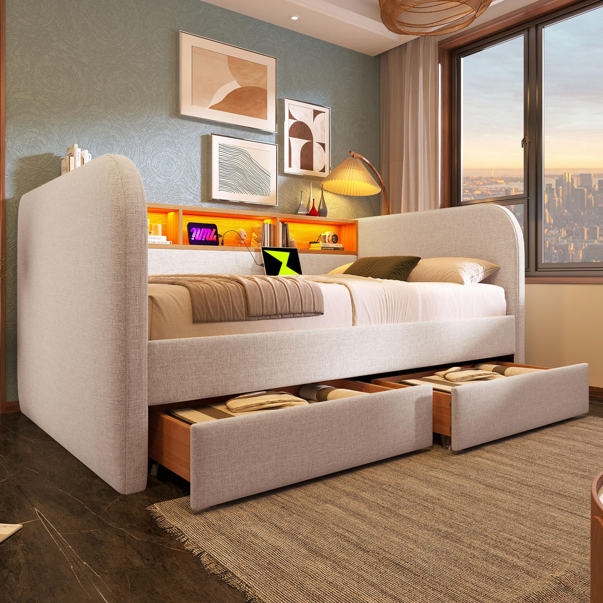 POLSTERBETT aus Leinen 140x190 cm in Hellbeige mit LED & USB-C-Ladefunktion - Beige, Textil (140/190cm) - Modfu