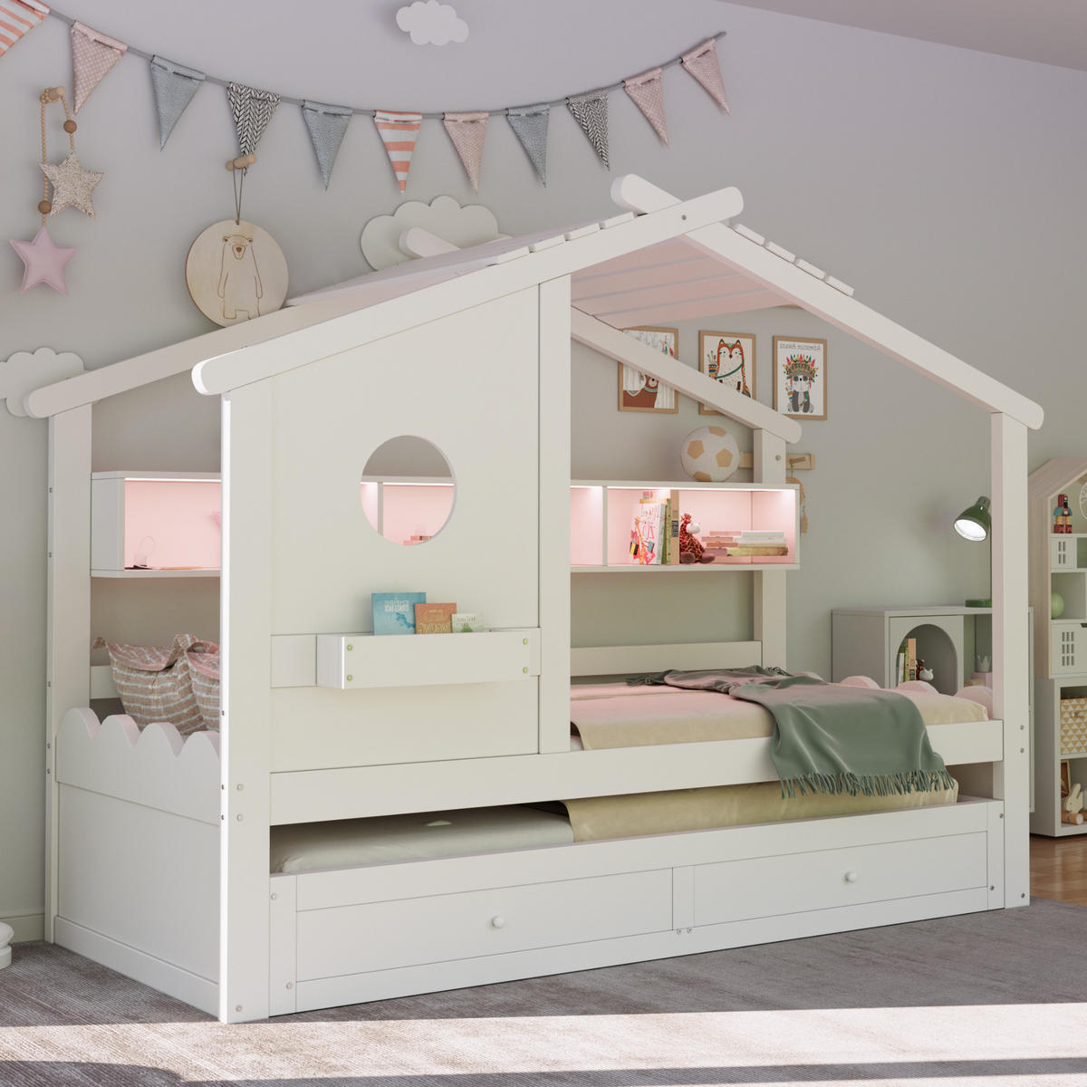 KINDERBETT 90x200 cm Rollbett LED weiß - Weiß, Holz (90/200cm) - LEBENLANG