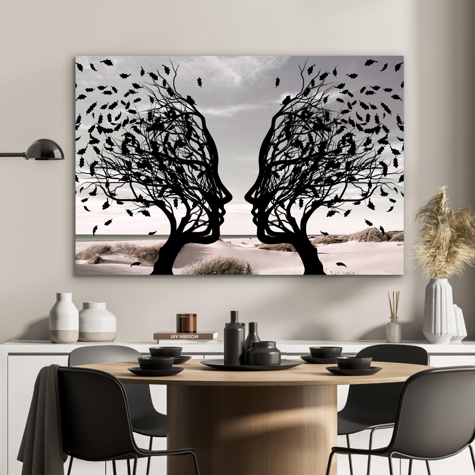 METALLBILD Strand - Meer - Menschen - Baum - Moderne Kunst 120x80 cm - Hellgrau, Metall (120/80cm) - MuchoWow
