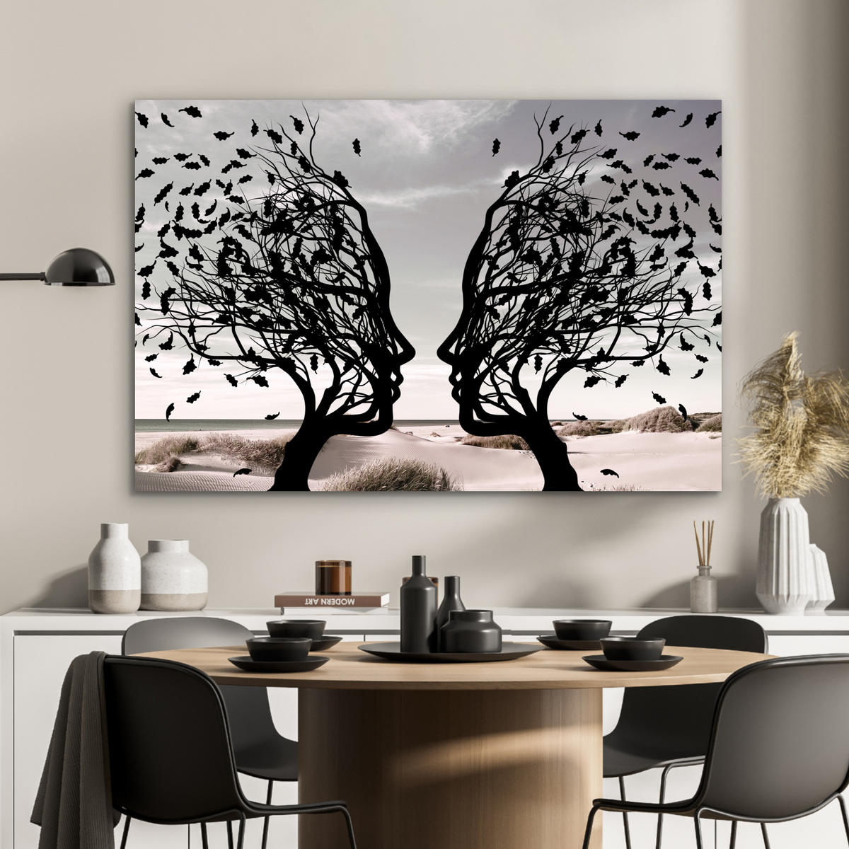 METALLBILD Strand - Meer - Menschen - Baum - Moderne Kunst 90x60 cm - Hellgrau, Metall (90/60cm) - MuchoWow