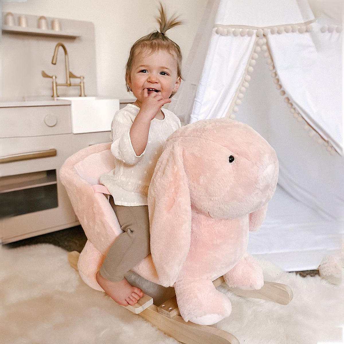 SCHAUKELPFERD DE-18233 mit Soundfunktion & Sicherheitsgurt Rosa - Pink, Holz (33/50/60cm) - ComfortXL