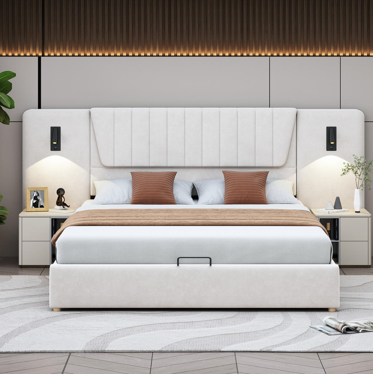 ČALÚNENÁ posteľ 180/200 cm s otočnými čítacími lampami, USB portom a hydraulickým úložným priestorom, Béžová - béžová, textil (180/200cm) - Redom