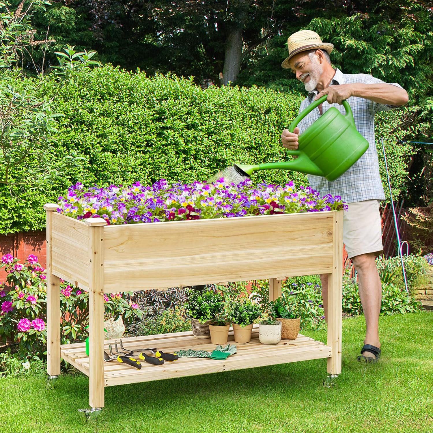HOCHBEET groß mit Ablage Holz - Apfelbaumfarben, Holz (59/84/120cm) - COSTWAY