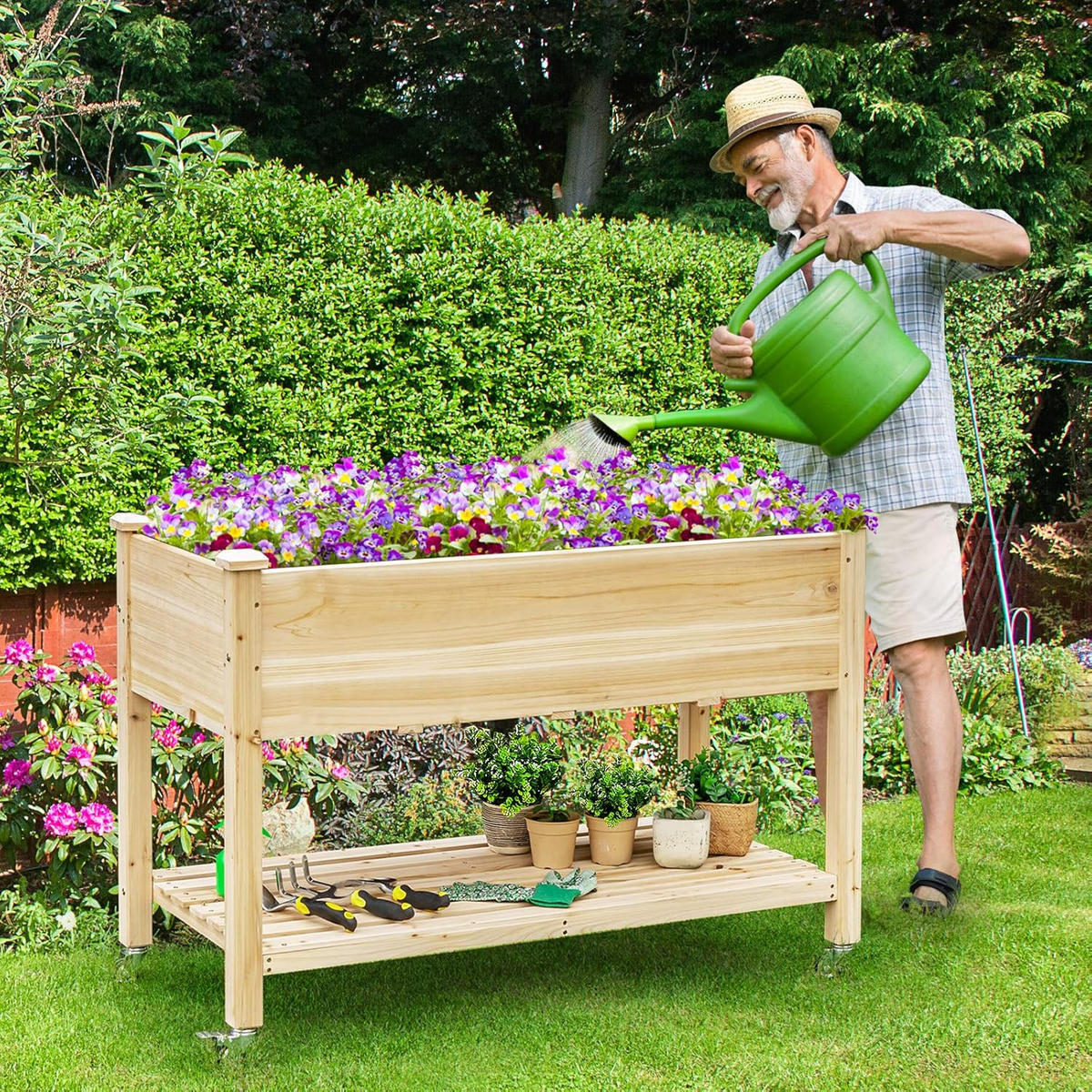 HOCHBEET groß mit Ablage Holz - Apfelbaumfarben, Holz (59/84/120cm) - COSTWAY