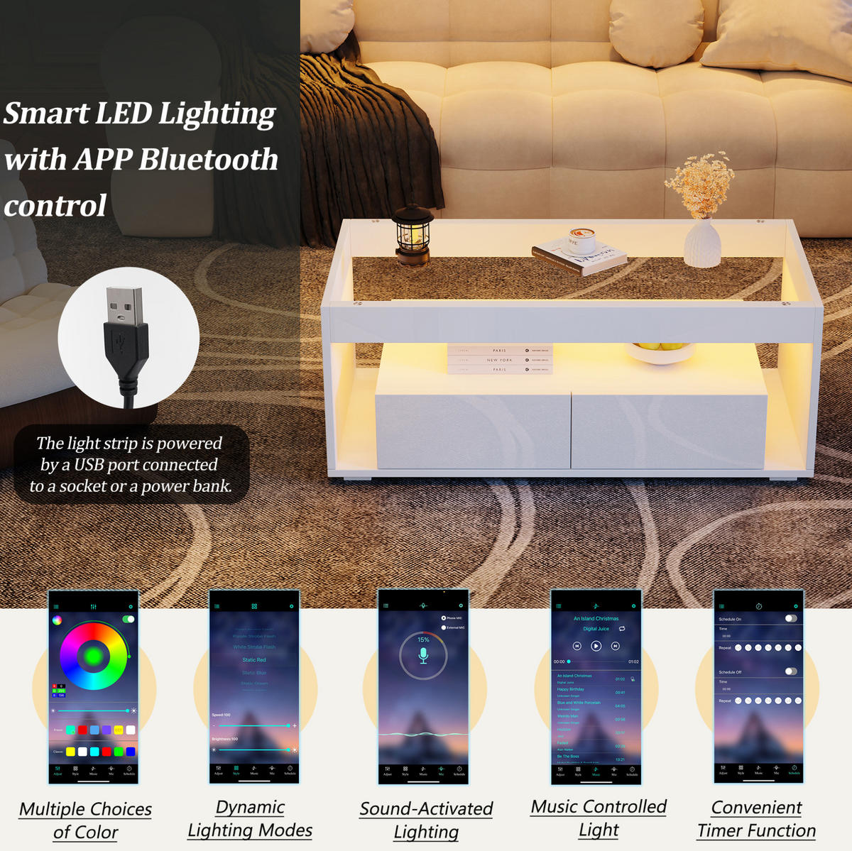 COUCHTISCH 100/50/40 cm Weiß aus Spanplatte und gehärtetem Glas mit LED-Beleuchtung - Weiß, Holzwerkstoff (100/50/40cm) - OKMYHOME