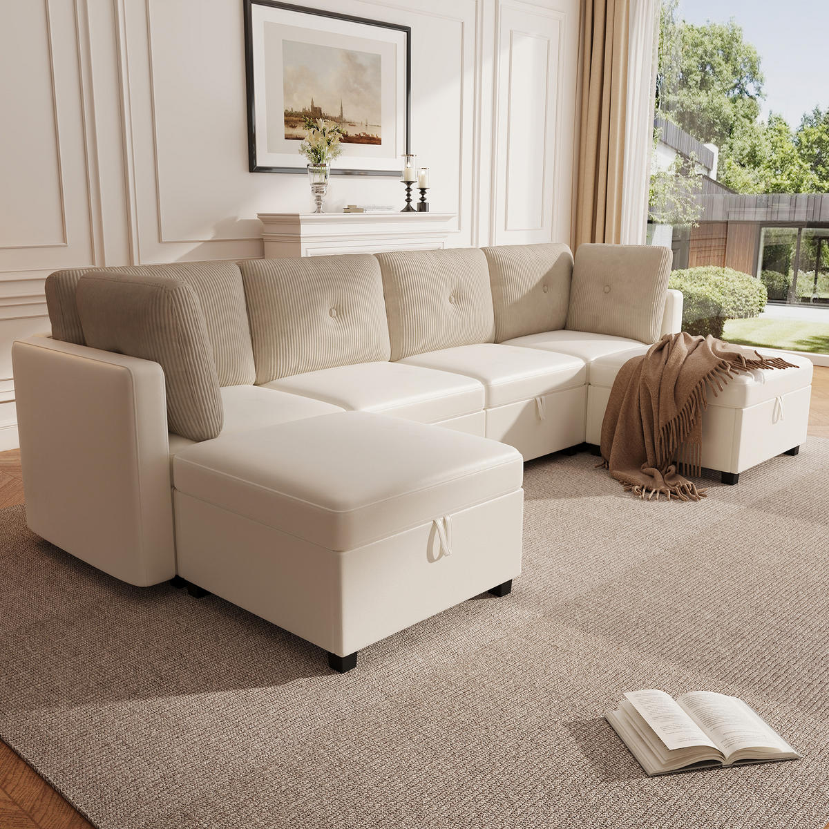 WOHNLANDSCHAFT Samt und Cord Beige mit Stauraum - Beige, Holzwerkstoff/Kunststoff (261/85/132.5cm) - WISHDOR