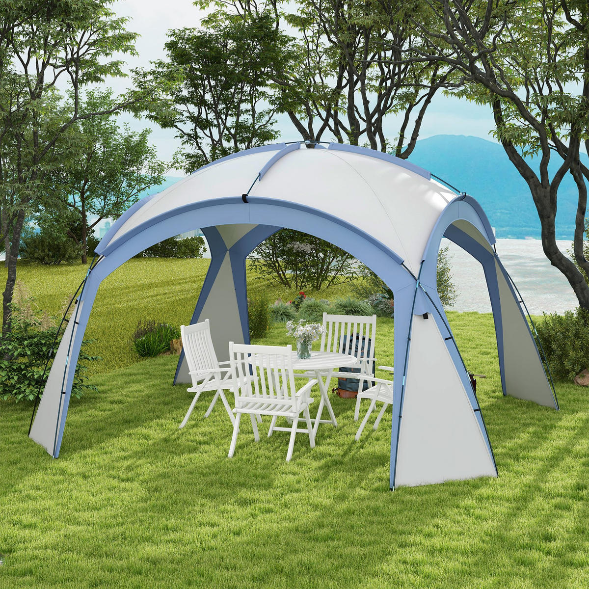 PAVILLON mit Haken Tür Gartenpavillon, Event Shelter, Hellblau, 3,5 x 3,5m - Hellblau, Kunststoff (350/222/350cm) - Outsunny
