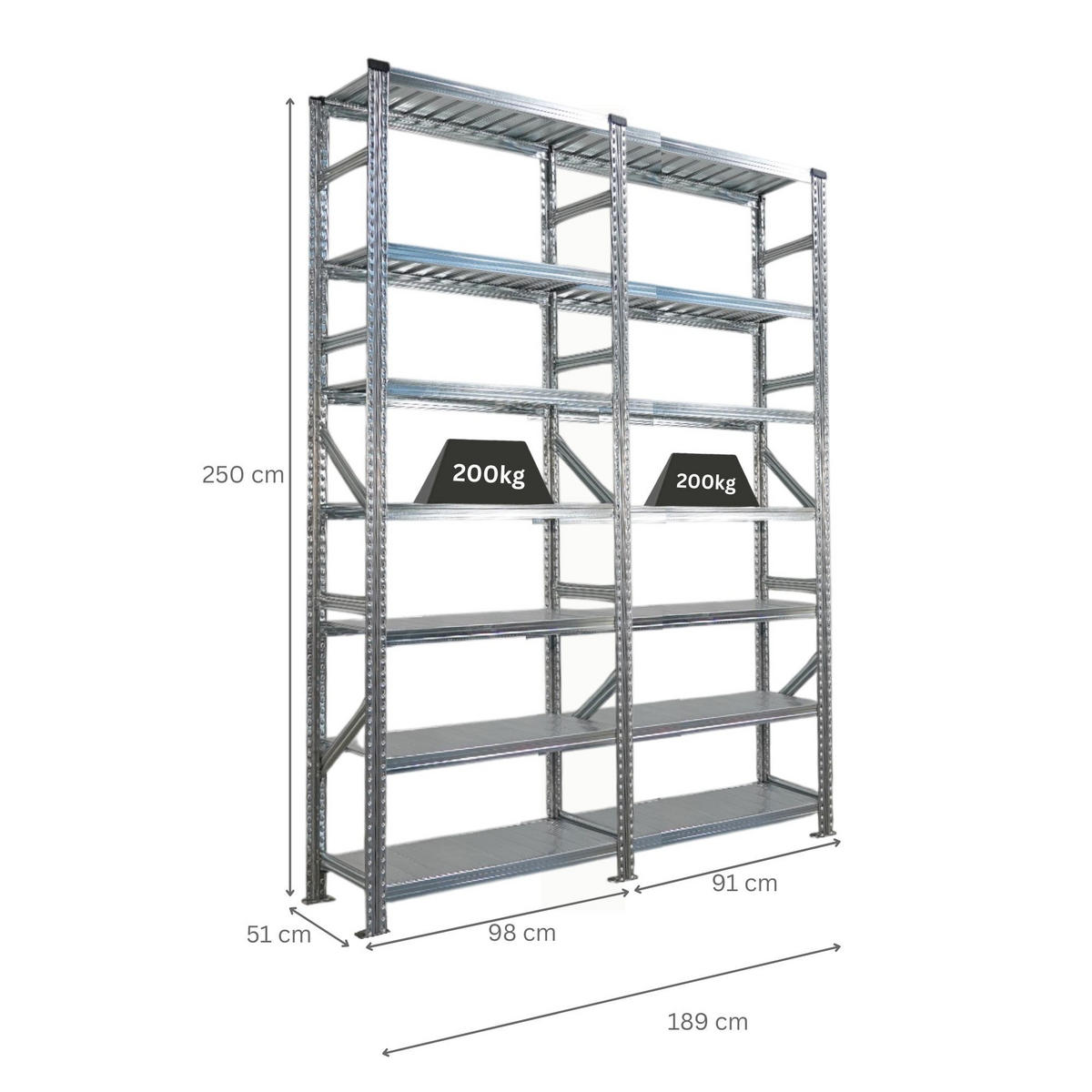 FACHBODENREGAL Proximo Stecksystem 250x180x50cm 7 Ebenen Beidseitig nutzbar Verzinkt - Silberfarben, Metall (180/250/50cm) - PROREGAL