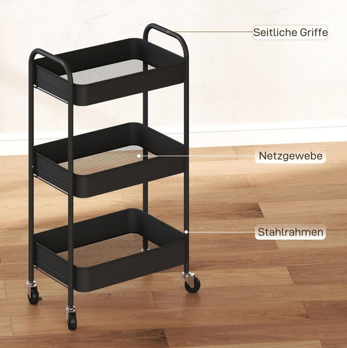 ROLLWAGEN mit 3 Gitterkörben 45 x 30,6 x 79 cm Stahl Schwarz - Schwarz, Metall (30.6/79/45cm) - Beauniv