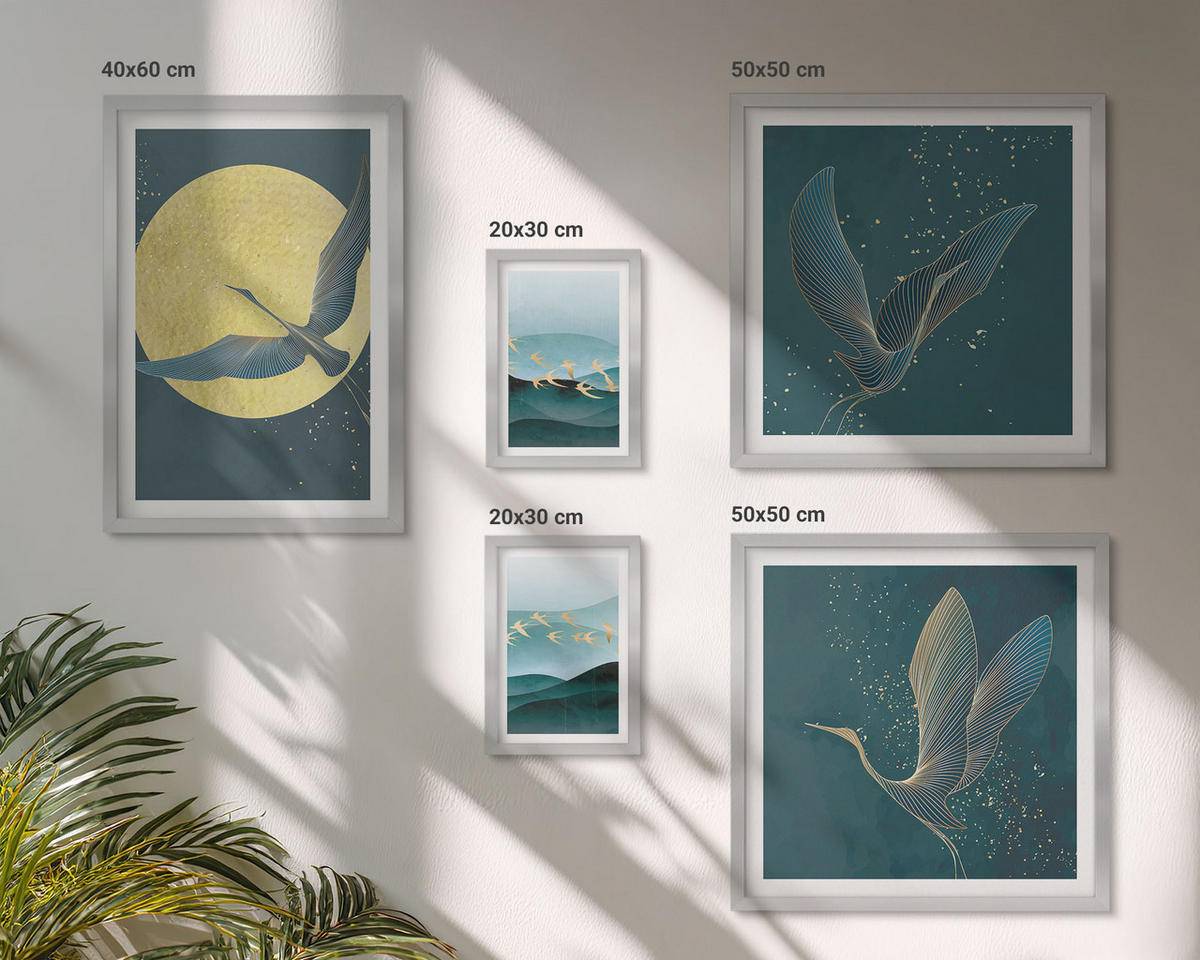 BILDER SET 5er Set - 50x50 cm & 20x30 cm & 40x60 cm Silberner Rahmen - Abstrakte Landschaften von Vogelwellen - Silberfarben, Kunststoff (40/60cm) - TULUP