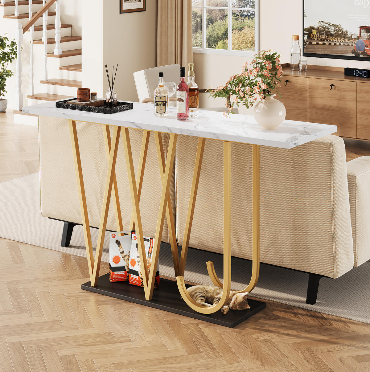 BEISTELLTISCH aus MDF und Metall 120x29,5x80 cm Weiß/Schwarz/Goldfarben mit Stauraum und Marmoroptik - Weiß, Holzwerkstoff (120/29.5/80cm) - Modfu