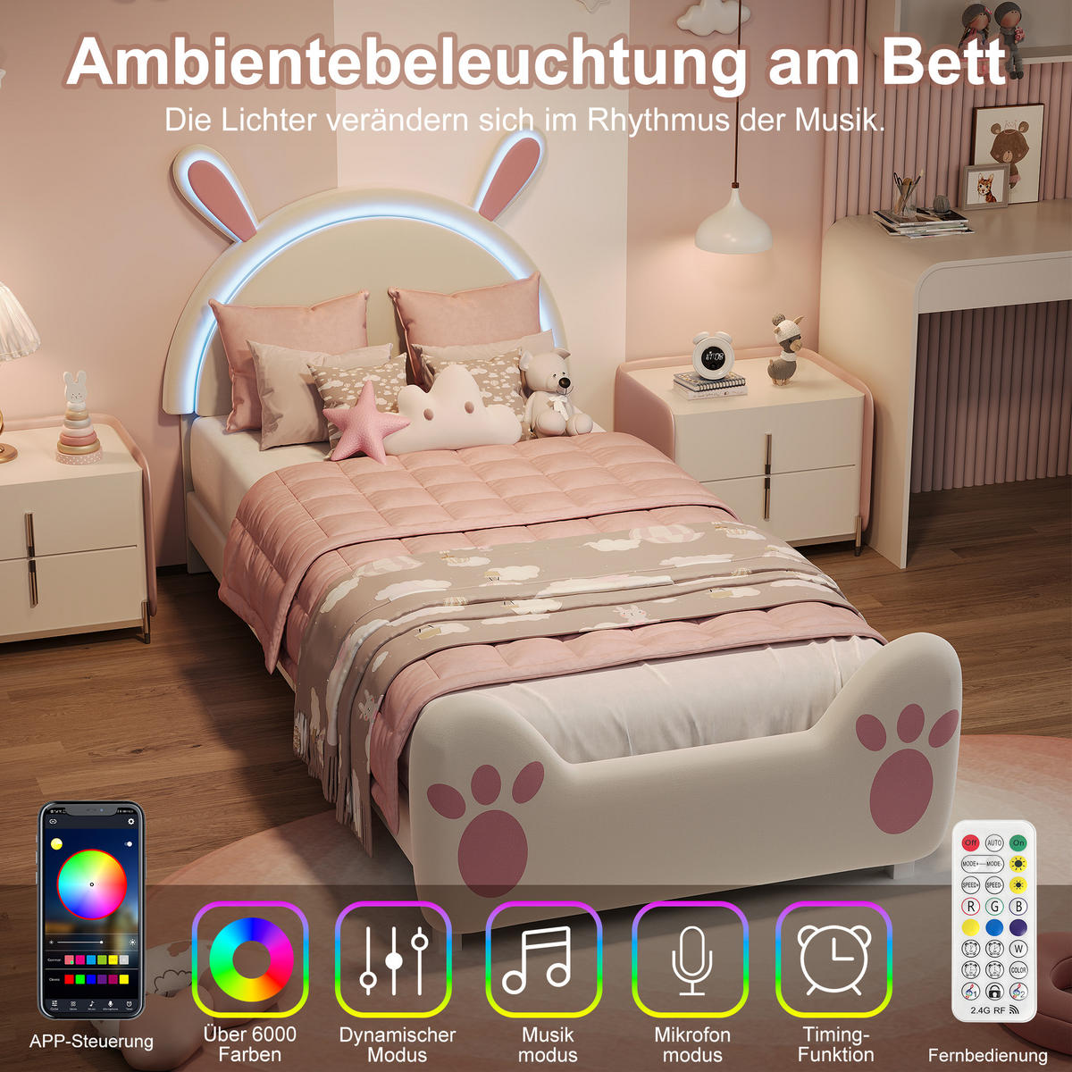 KINDERBETT 90x200 cm mit Hasen-Design, Ambiente-LED, Lattenrost, einfacher Montage, Weiß - Weiß, Holz (90/200cm) - BRILVERDE