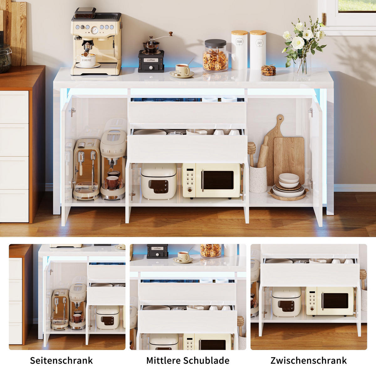 SIDEBOARD 160 cm Hochglanz mit LED, 4 Türen und 2 Schubladen, Küchenschrank mit Stauraum, Weiß - Weiß, Holzwerkstoff (160/35/75cm) - Waldena