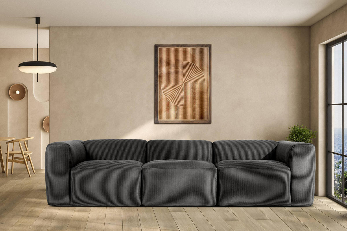 3-SITZER-MODULSOFA BUFFO mit extrem weicher und bequemer Sitzfläche, Kordstoff, grau - Grau, Textil (290/73/96cm) - KONSIMO®