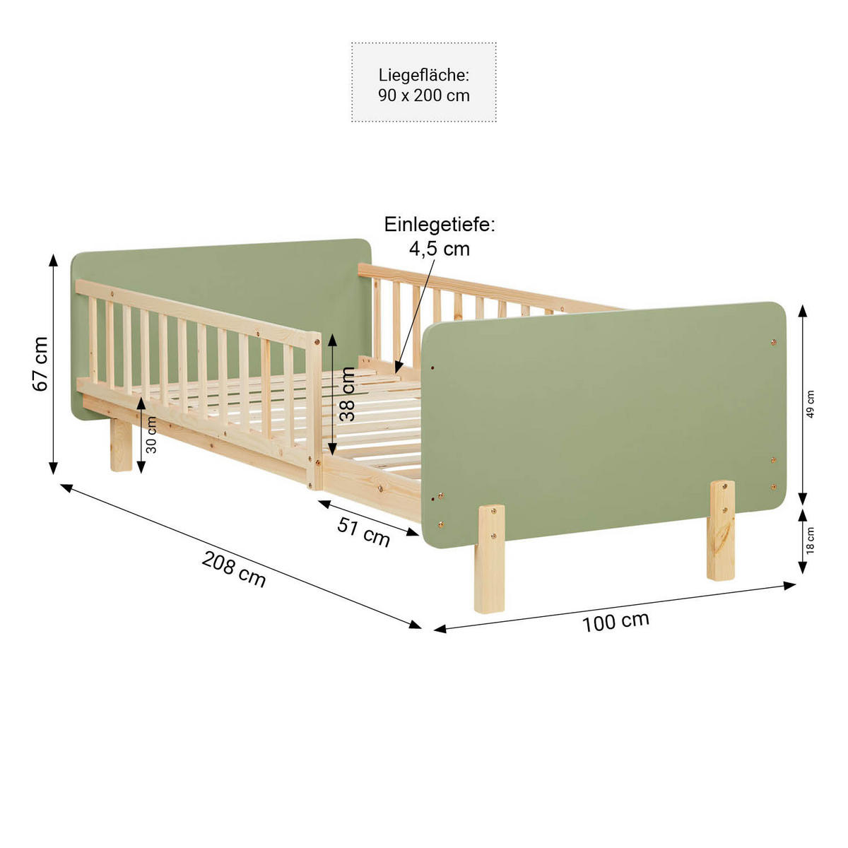 KINDERBETT Grün 90/200 cm Lattenrost Rausfallschutz - Grün, Holz (100/67/208cm) - Homestyle4u