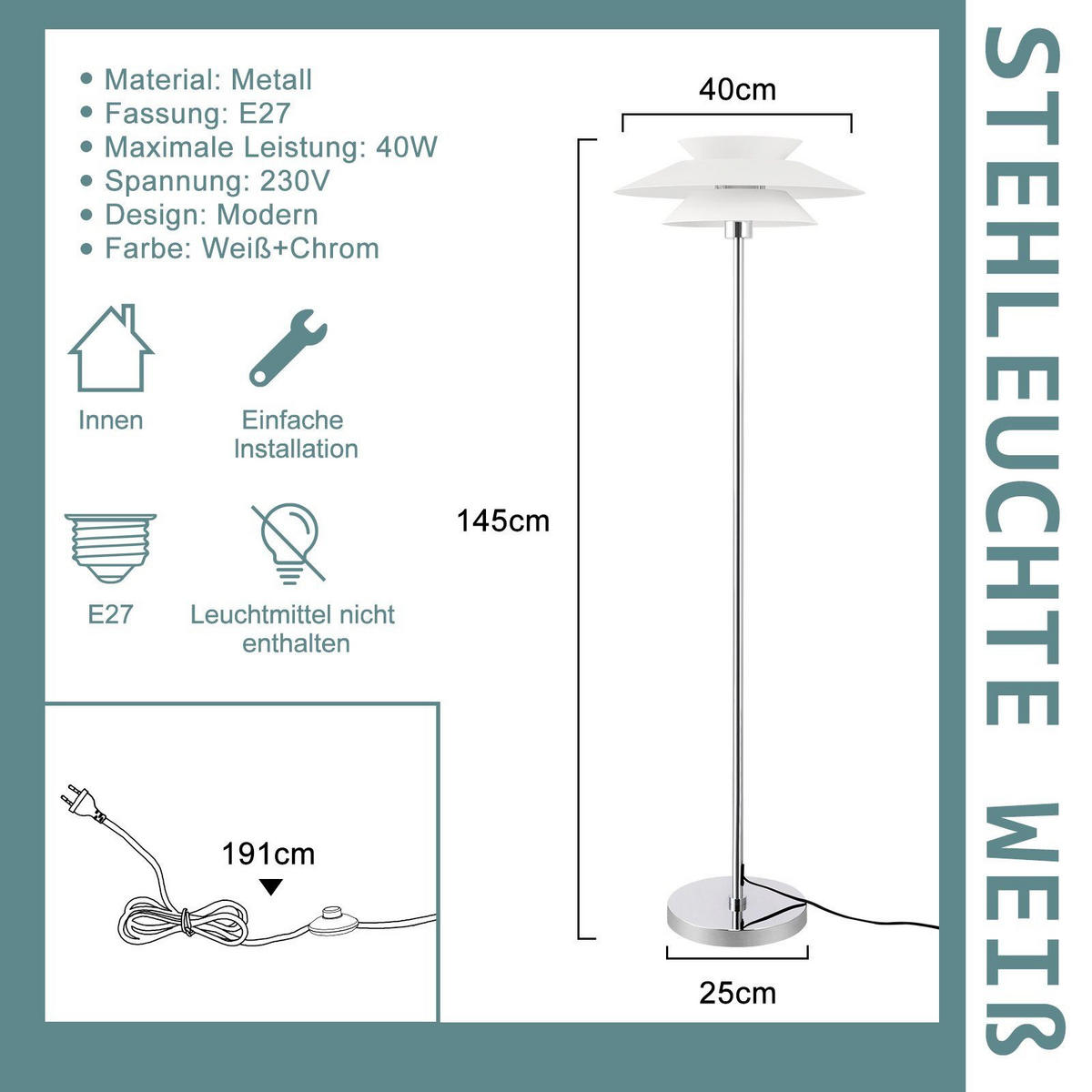 STEHLEUCHTE Albert 40/25/145 cm - Weiß, Metall (25/20/143cm) - Nettlife