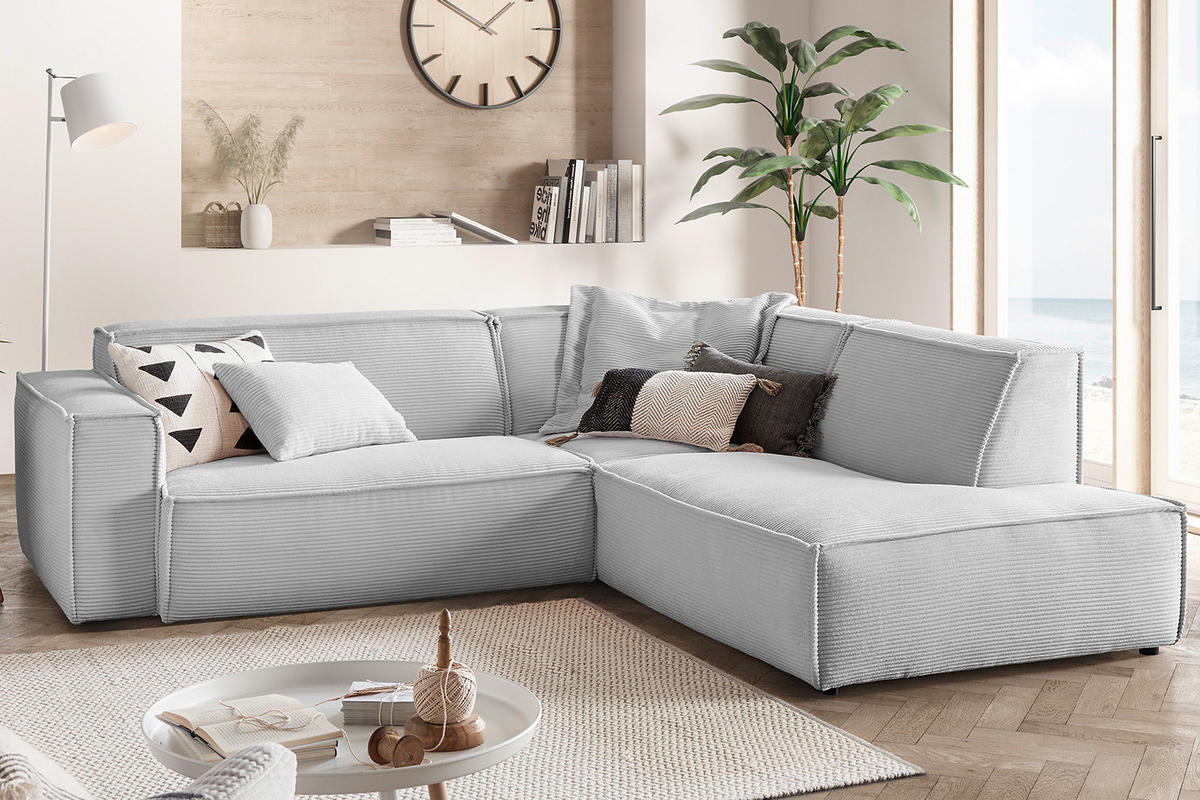ECKSOFA SAMU Hellgrau Cord - Hellgrau/Schwarz, Textil (254/224cm) - KAWOLA