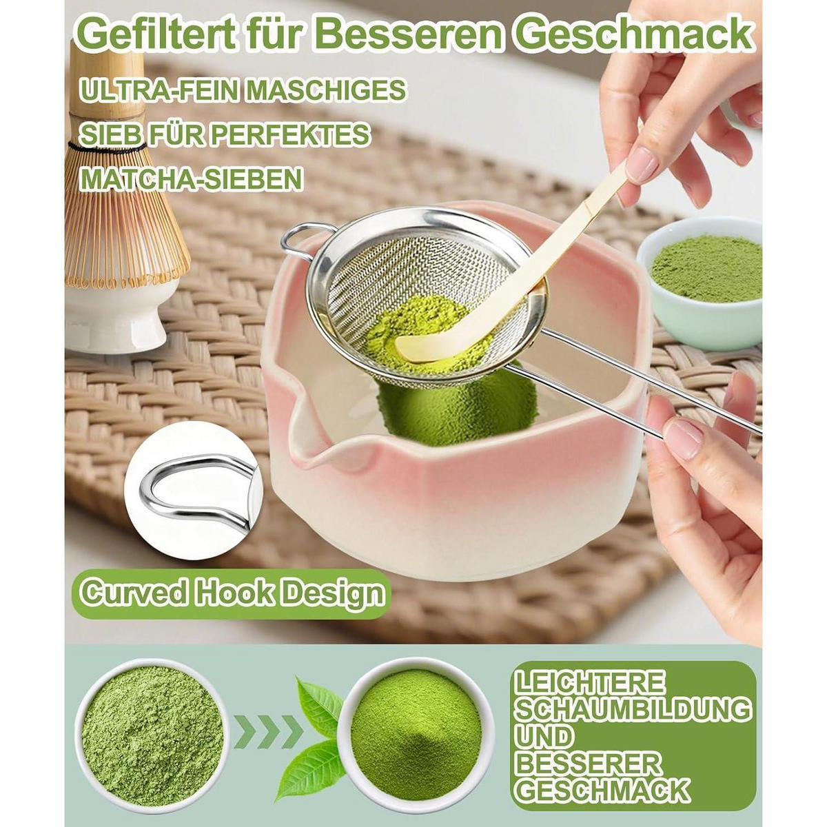 MATCHA Set 7-teiliges Set Keramikschale Bambusbesen Rosa - Rosa, Keramik (15/10/15cm)