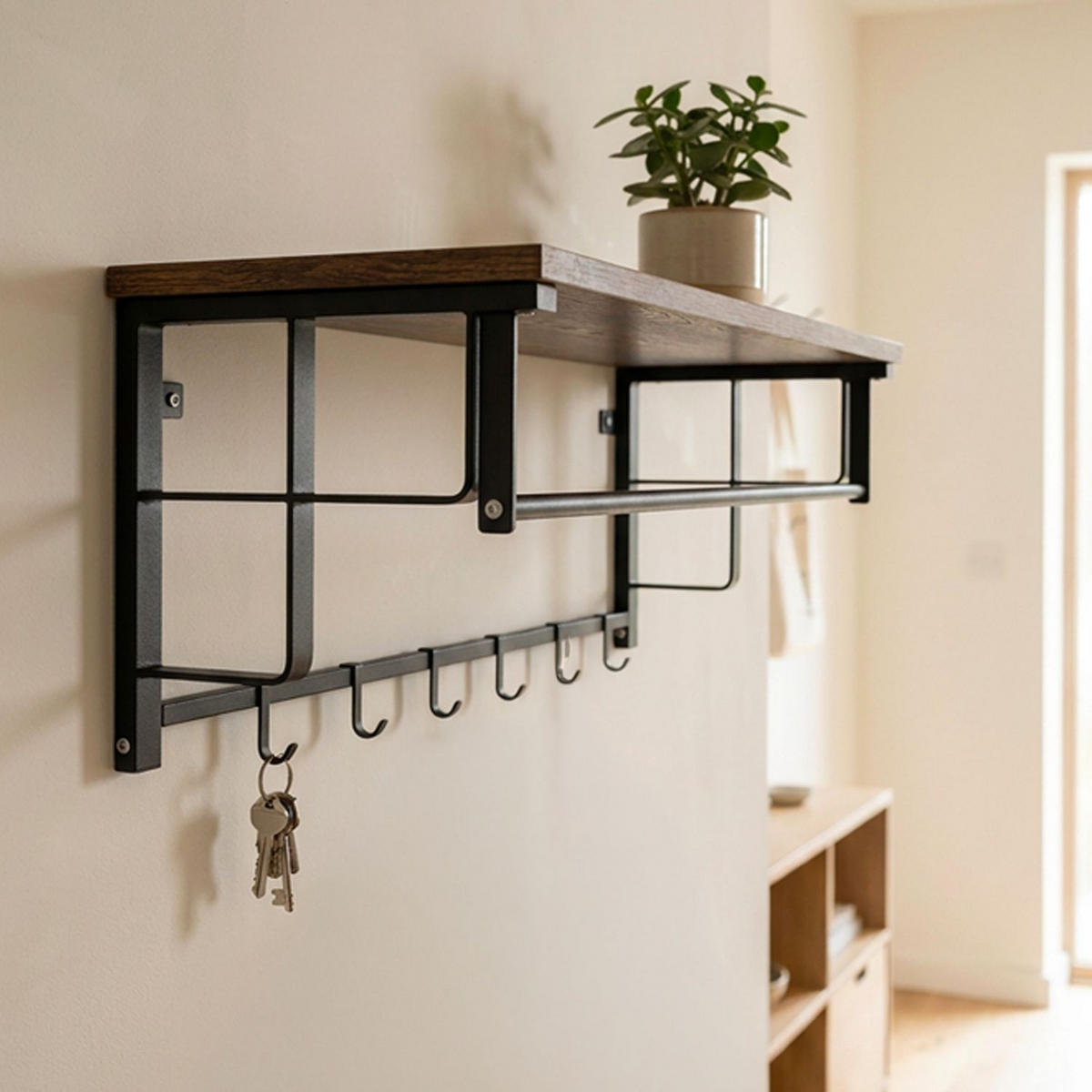 WANDGARDEROBE mit abnehmbaren Haken 60/30/27 cm - Braun, Metall (30/27/60cm) - Intirilife