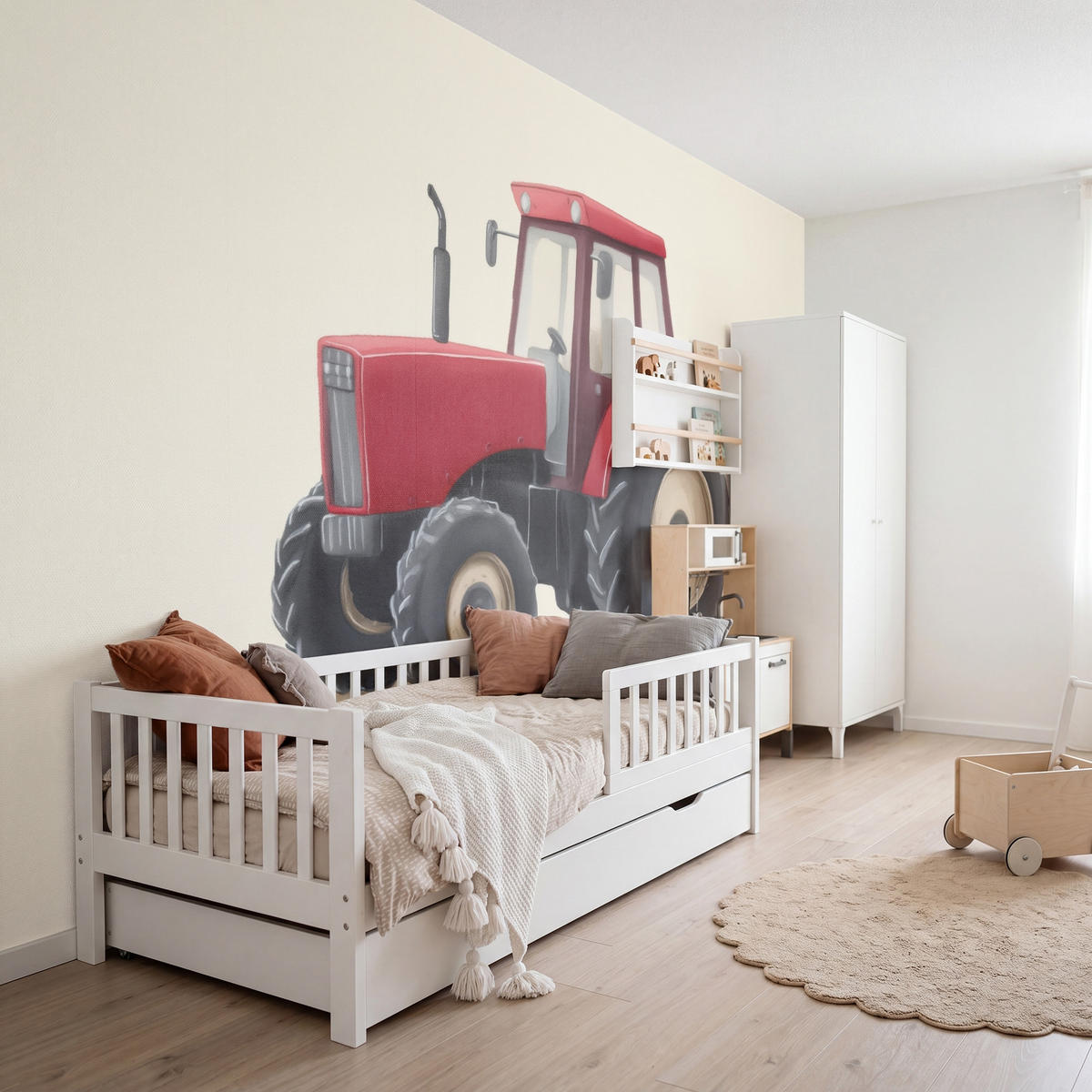 KINDERTAPETE - Traktor - Minimalistisch - Illustration - Rot - 450x300 cm - Rot, Papier (450/300cm) - OnlyWow