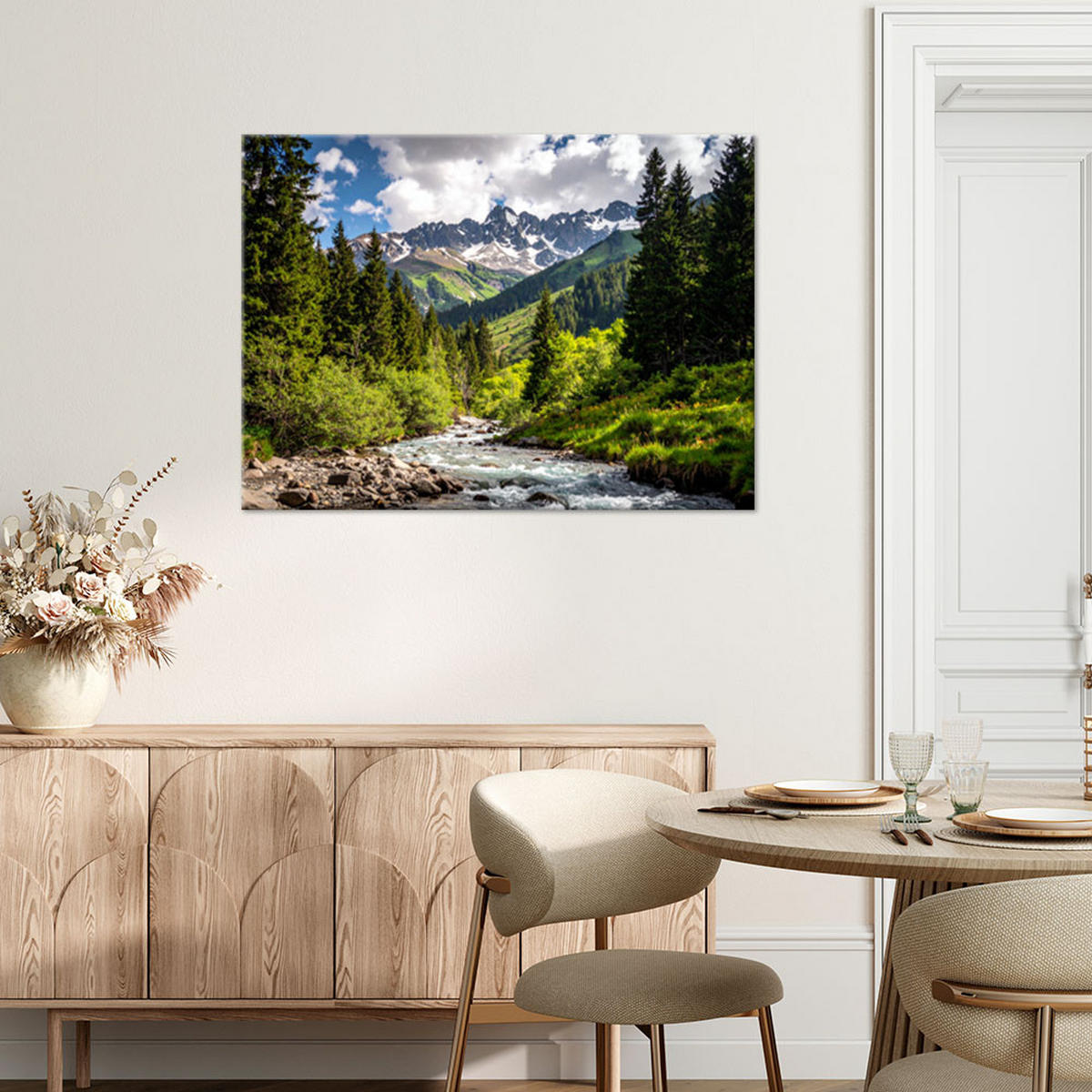 LEINWANDBILD Landschaft Berge Wald Fluss Natur 90x60cm - Grün, Textil (90/60cm) - Feeby