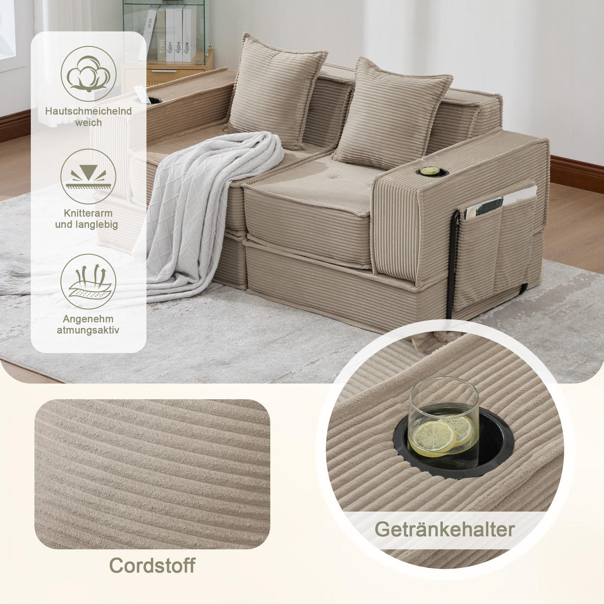 SCHLAFSOFA 162/78/66 cm Khaki Cord mit seitlichem Stauraum und Getränkehaltern - Sandfarben, Textil (162/66/78cm) - Oxeza
