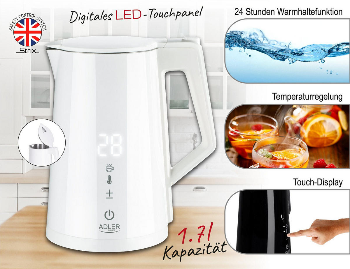WASSERKOCHER AD1345W 1,7L 2200W Edelstahl – Temperaturregelung, LED Display, Cool-Touch Gehäuse, Antikalkfilter, BPA-frei, Heißwasserbereiter Küche - Weiß, Kunststoff/Metall (16/26/22cm) - Adler