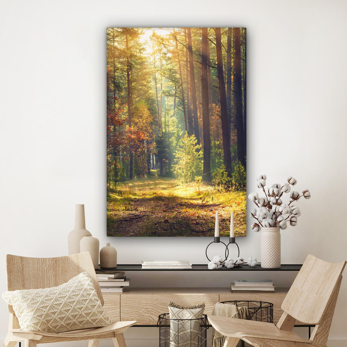 LEINWANDBILD Wald - Herbst - Bäume 90x140 cm - Dunkelgrün, Textil (90/140cm) - MuchoWow