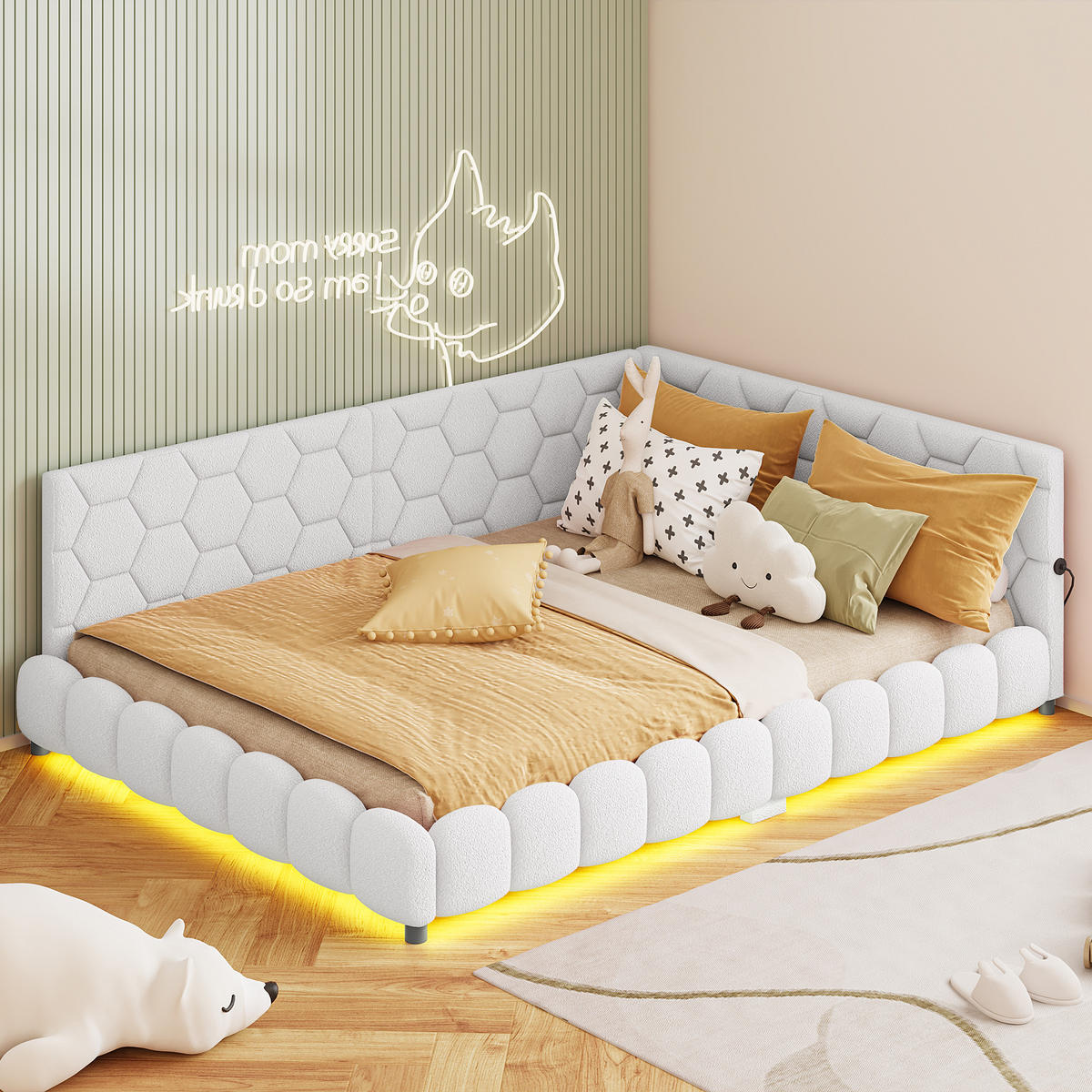 POLSTERBETT 140x200 cm, Weiß, LED-Beleuchtung und USB-Anschluss, Tagesbett Schlafsofa - Weiß, Textil/Metall (140/200cm)