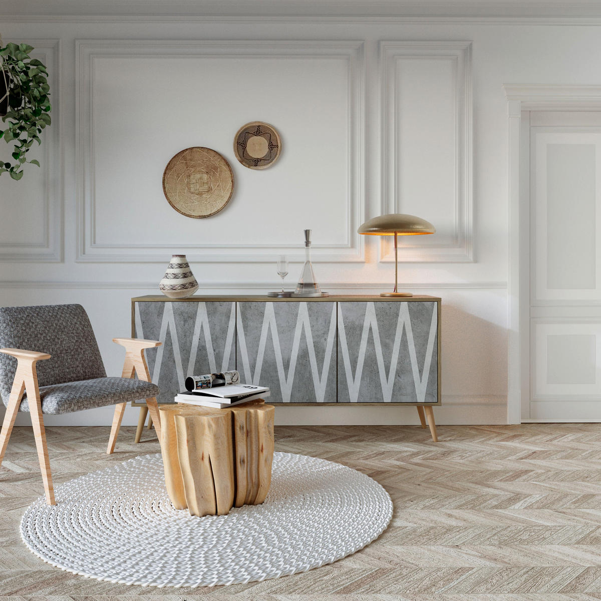 SIDEBOARD WAVES OF CONCRETE, Eicheneffekt, 164,5x42x77,5 cm, 3 Türen - Eichefarben/Buchefarben, Holzwerkstoff/Buchenholz (164.5/77.5/42cm) - SpaceRebels