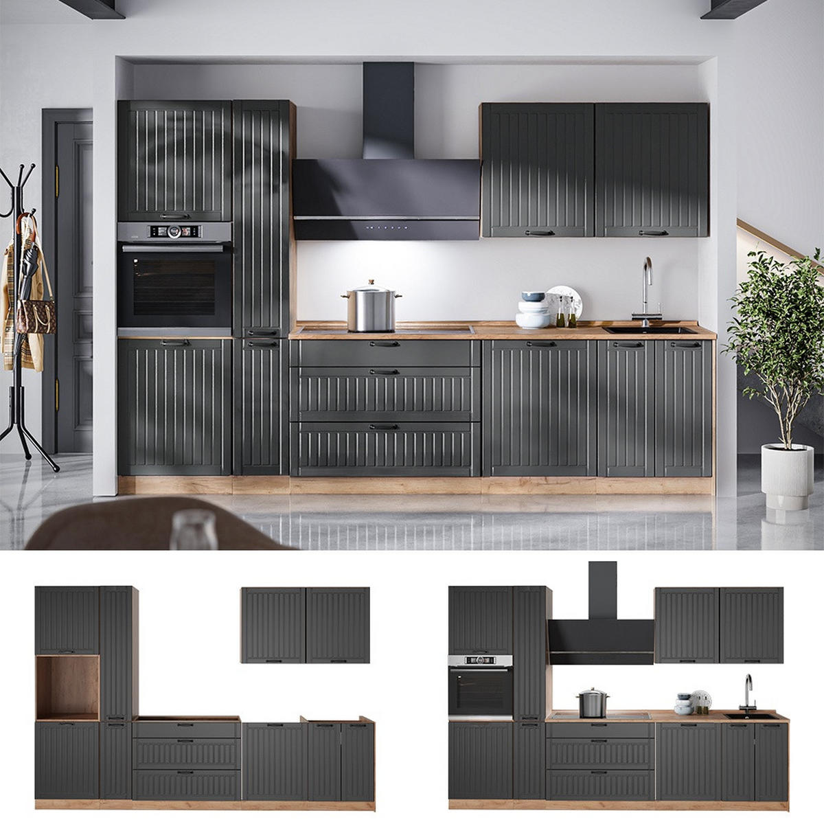 KÜCHENZEILE Fame-Line, Dunkelgrau/Goldkraft Eiche, 310 cm ohne Arbeitsplatte - Honigeiche/Dunkelgrau, Holzwerkstoff (310/206.8/51.6cm) - Vicco