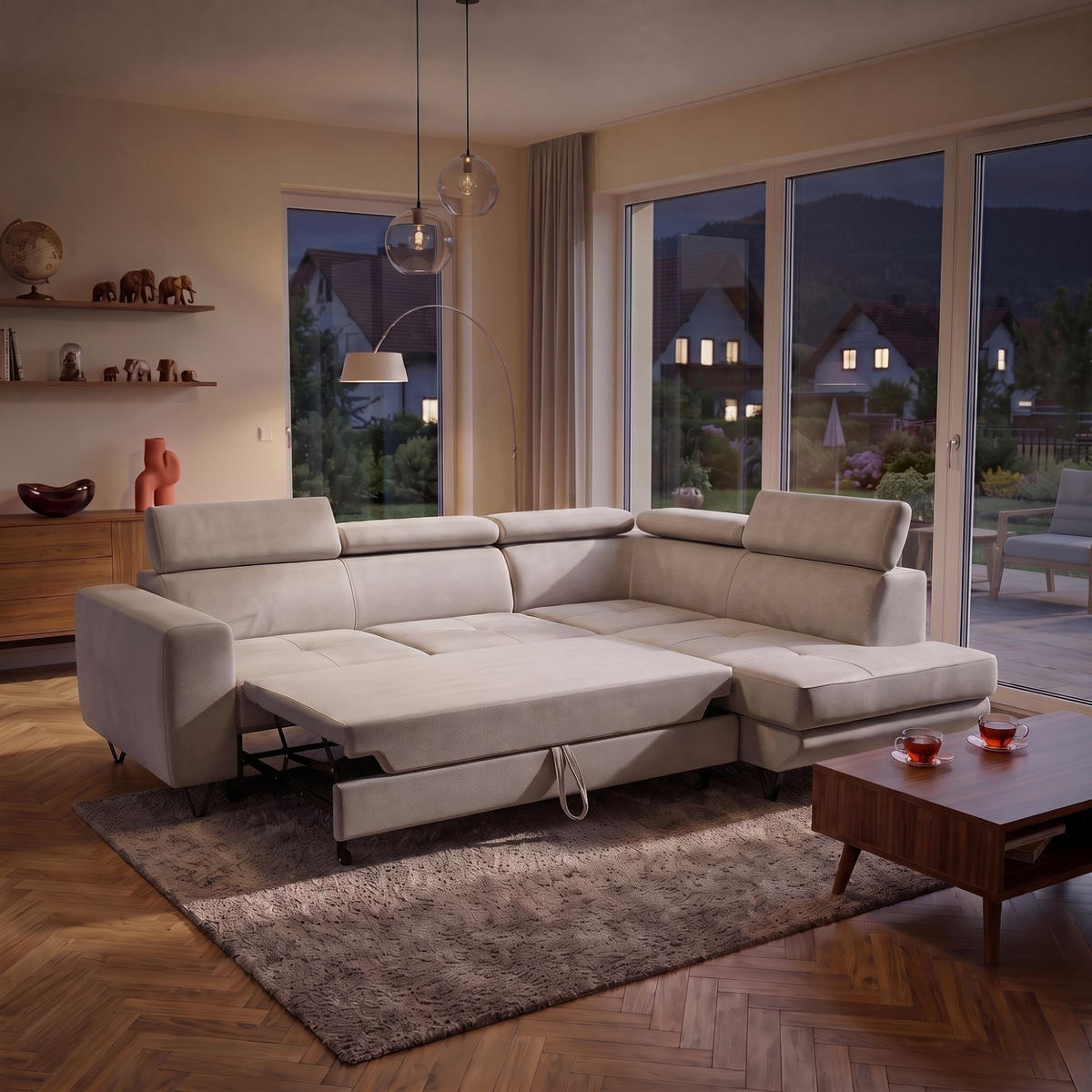 ECKSOFA JUNIOR L Rechts mit Schlaffunktion 194x128 Velours Creme - Creme/Schwarz, Holz/Textil (184/249cm) - Muffo