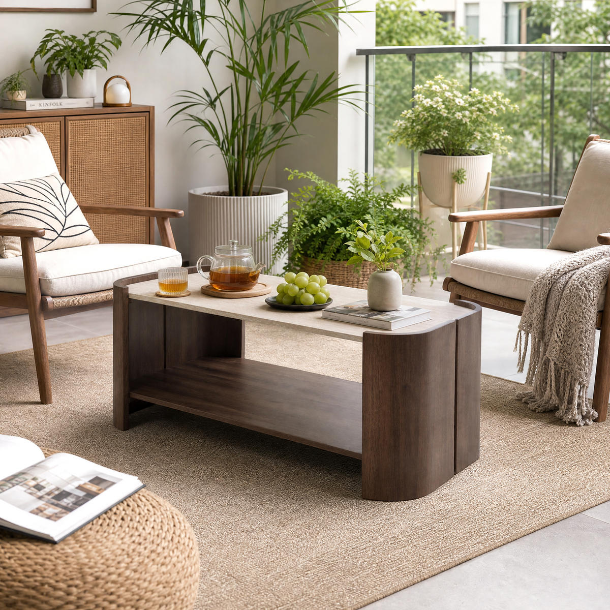 COUCHTISCH Holz Walnuss mit Travertin-Optik, 104 × 54 × 43 cm - Walnussfarben, Holzwerkstoff (54/104/43cm) - Hometopia
