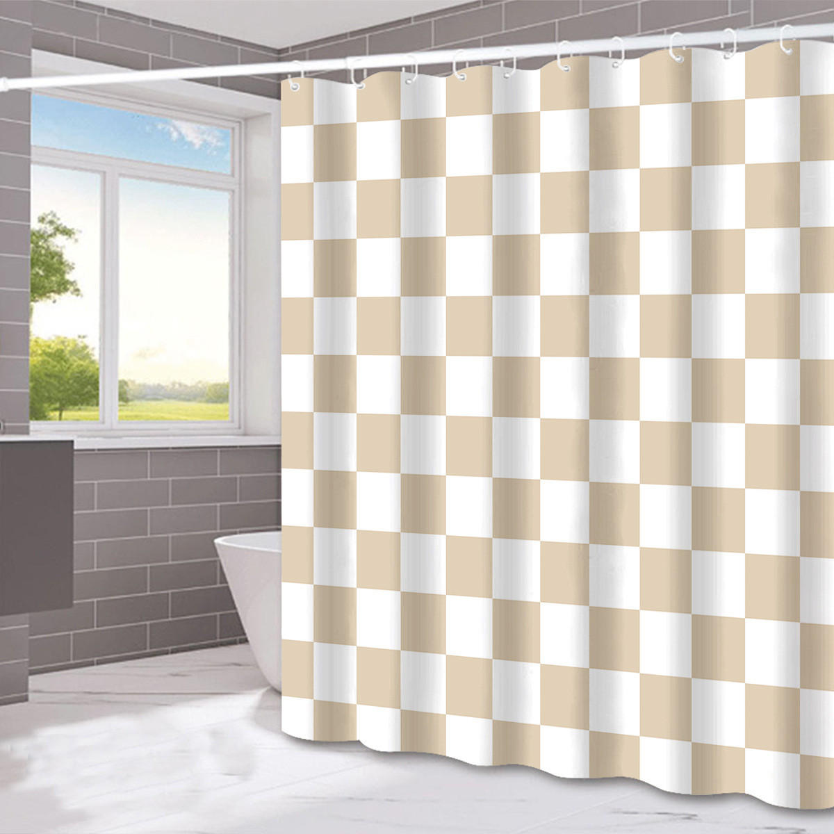 DUSCHVORHANG SET Beige kariert 180 x 180 cm wasserdicht dekorativ für Küche Badezimmer - Multicolor, Textil (180/180cm) - MCBOSON