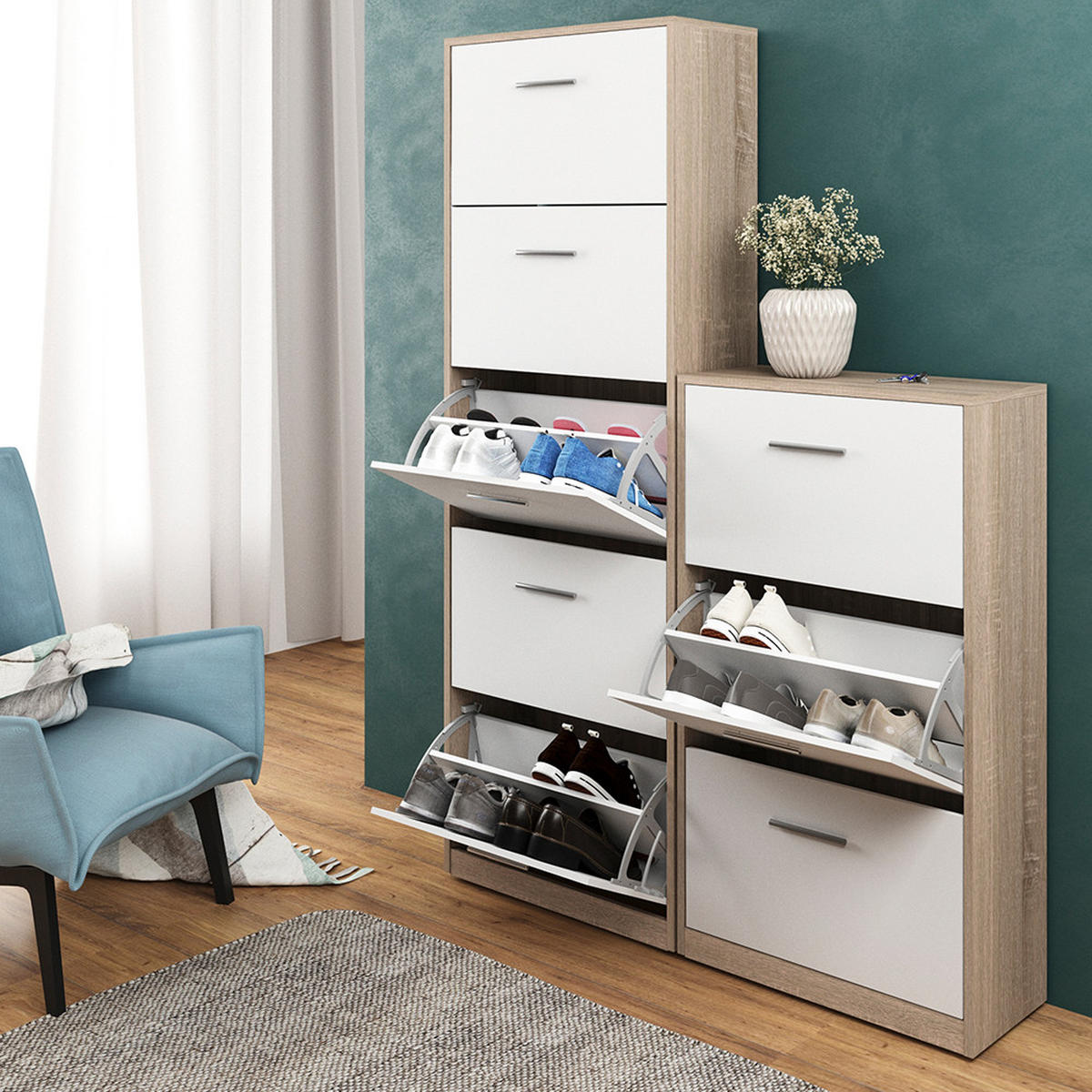 SCHUHKIPPER Gizmo Weiß/Sonoma 59 x 105 cm - Weiß/Sonoma Eiche, Holzwerkstoff (59/105/22cm) - Vicco