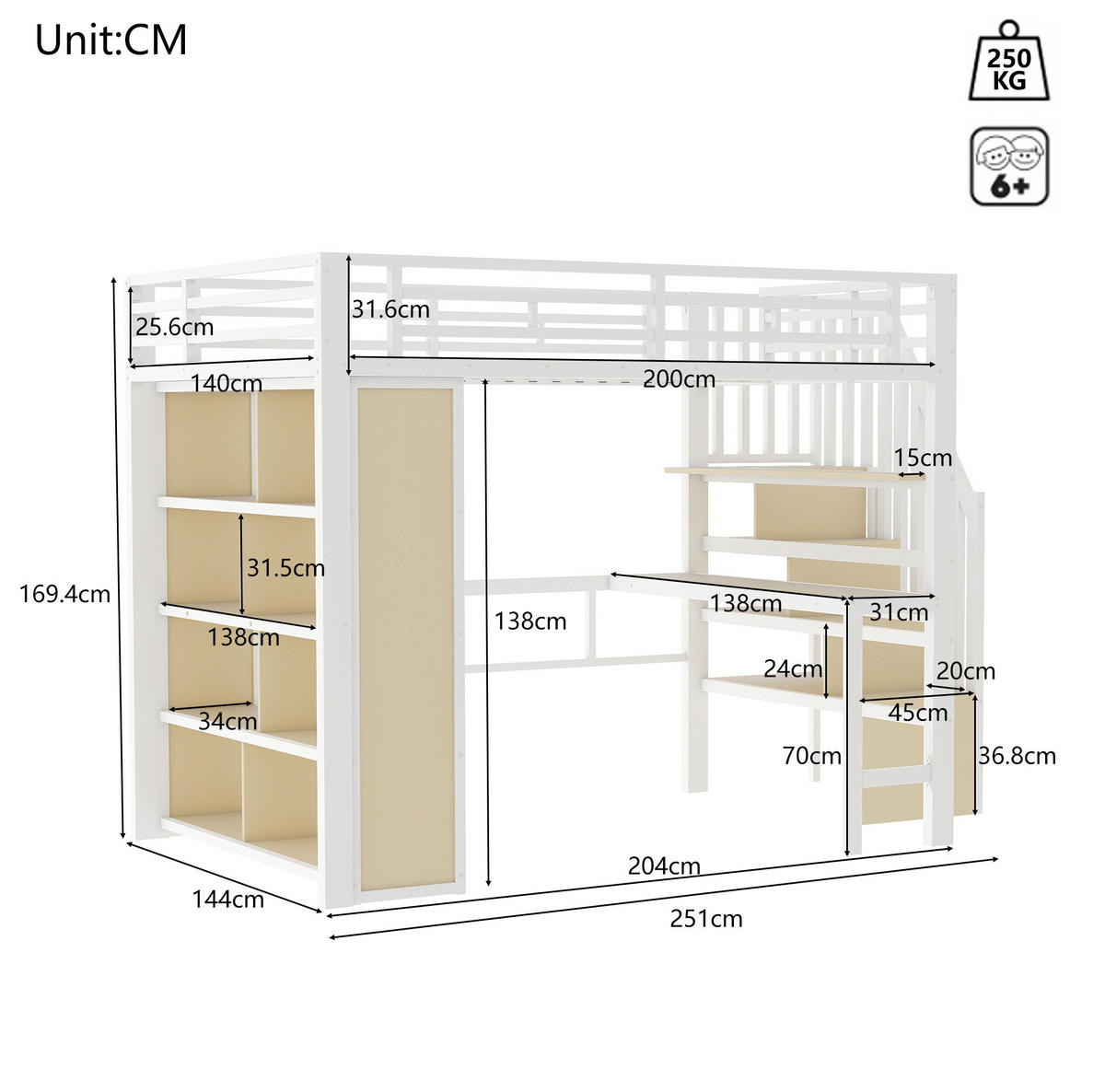 HOCHBETT 140/200 cm Weiß mit Schreibtisch und LED-Lichtleiste - Weiß, Metall (140/200cm) - MIVRAY