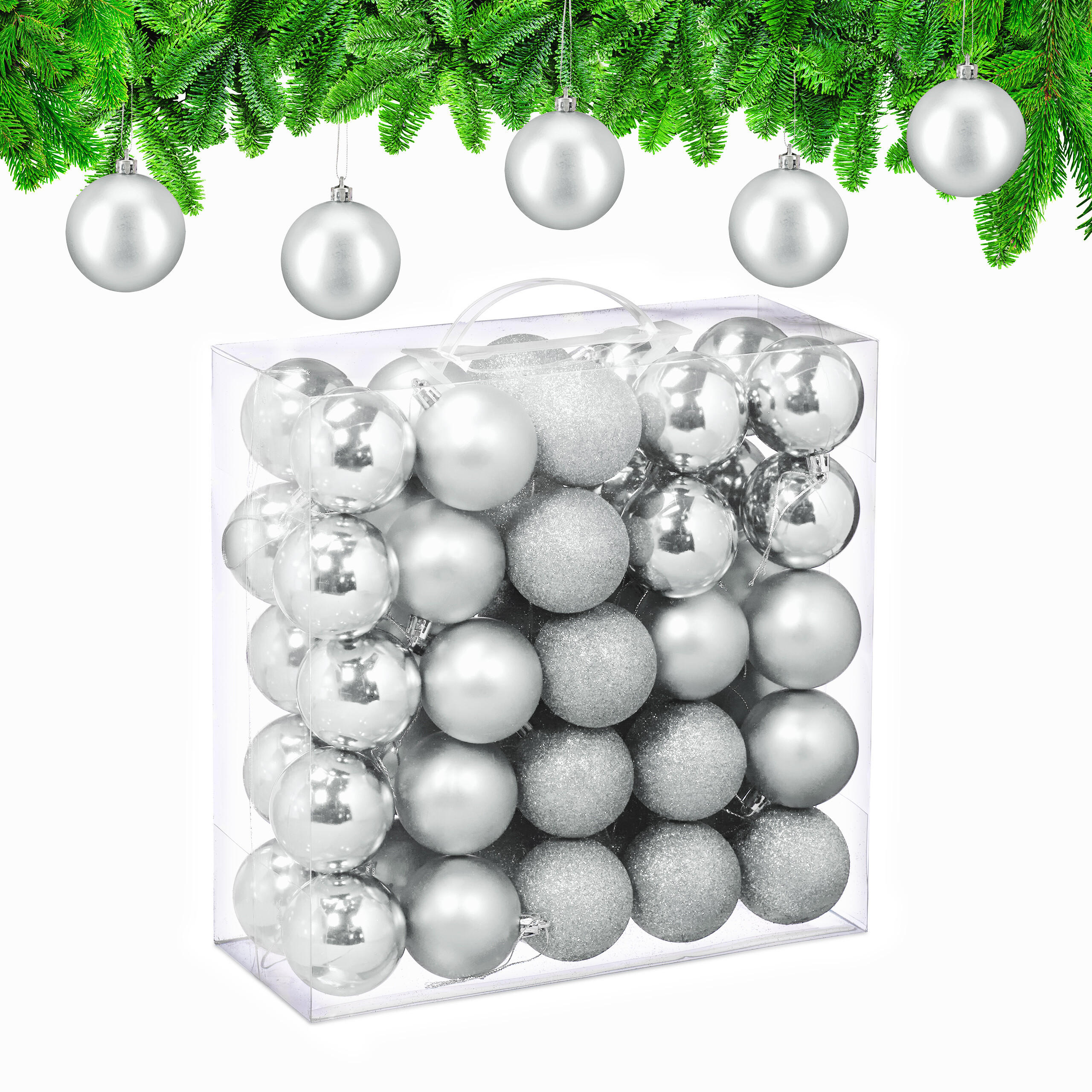 Relaxdays VÁNOČNÍ KOULE Stříbrná 50-dílná sada plast 7x6 cm