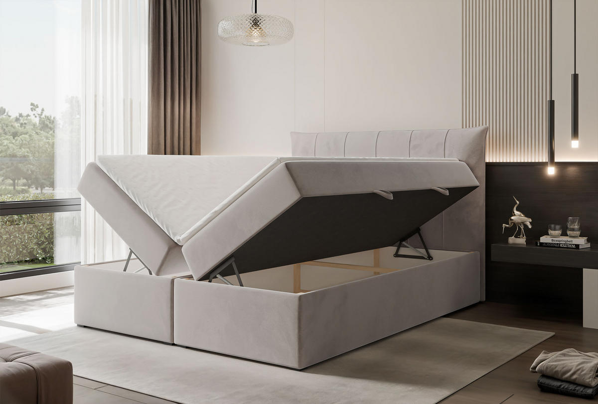 BOXBETT CHESTER 160/200 cm mit Matratze und Topper, Hellgrau - Hellgrau, Holzwerkstoff/Textil (160/200cm) - Idohome