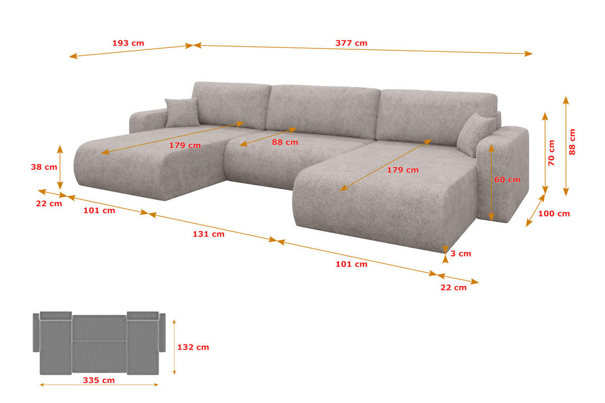 SEDACÍ SOUPRAVA DO U s funkcí spaní a úložným prostorem BERY-U 377x193x88 světle šedá velur - černá/světle šedá, kompozitní dřevo/textil (377/88/193cm) - ALTDECOR