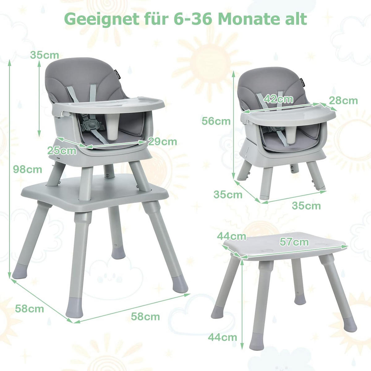 BABYHOCHSTUHL Grau - Grau, Kunststoff (58/98/58cm) - COSTWAY