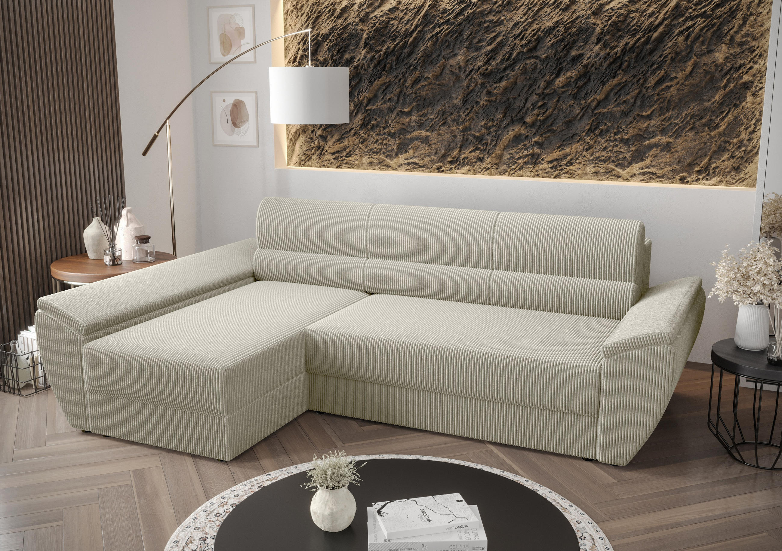 ECKSOFA L REBI L3 Poso 100 Links mit Schlaffunktion, Beige - Beige, Textil (251/140cm)